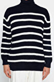 Stil Modern Unisex Regular Düşük Kol Balıkçı Yaka Casual Unisex Fit Geniş Kalıp Çizgili Triko Kazak