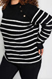 Büyük Beden Kadın Modern Tarz Rahat Uzun Bisiklet Yaka Çizgili Kol Regular Triko Kazak