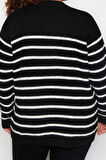 Büyük Beden Kadın Modern Tarz Rahat Uzun Bisiklet Yaka Çizgili Kol Regular Triko Kazak