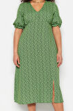 Moda Rahat Casual Günlük Shally Dokuma V Yaka Kısa Kol A-Line Midi Boy Büyük Beden Elbise
