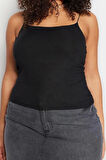 Moda Büyük Beden Kare Yaka Örme Fit Düz Desen Casual Günlük Crop Askılı Kol Bluz