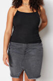 Moda Büyük Beden Kare Yaka Örme Fit Düz Desen Casual Günlük Crop Askılı Kol Bluz