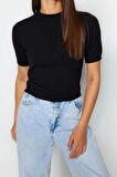 Moda Bisiklet Yaka Triko Regular Düz Desen Casual Günlük Crop Kısa Kol Bluz