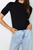 Moda Bisiklet Yaka Triko Regular Düz Desen Casual Günlük Crop Kısa Kol Bluz