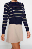 Kadın Modern Tarz Rahat Uzun Bisiklet Yaka Çizgili Kol Regular Triko Kazak