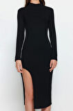 Moda Slim Casual Günlük Poliviskon Kaşkorse Örme Dik Yaka Uzun Kol Bodycone Midi Boy Elbise