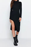 Moda Slim Casual Günlük Poliviskon Kaşkorse Örme Dik Yaka Uzun Kol Bodycone Midi Boy Elbise