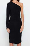Moda Slim Casual Günlük Sandy Örme Asimetrik Yaka Uzun Kol Bodycone Midi Boy Elbise