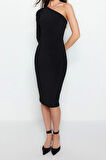 Moda Slim Casual Günlük Sandy Örme Asimetrik Yaka Uzun Kol Bodycone Midi Boy Elbise