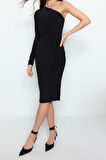 Moda Slim Casual Günlük Sandy Örme Asimetrik Yaka Uzun Kol Bodycone Midi Boy Elbise
