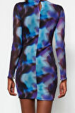 Moda Stil Slim Bisiklet Yaka Mini Boy Baskılı Tül Fitted Vücuda Oturan Esnek Örme Elbise