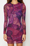 Moda Stil Slim Bisiklet Yaka Mini Boy Baskılı Tül Fitted Vücuda Oturan Esnek Örme Elbise