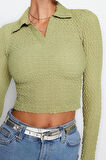Stil Kadın Dokulu Kumaş Fitted Vücuda Oturan Bluz Crop Örme Slim Kalıp
