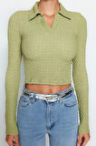 Stil Kadın Dokulu Kumaş Fitted Vücuda Oturan Bluz Crop Örme Slim Kalıp