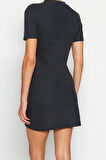 Moda Stil Regular Dik Yaka Mini Boy A Kesim Çan Form Selanik Triko Görünümlü Örme Elbise