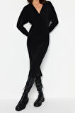 Moda Slim Business Kalın Sandy Örme Kruvaze Uzun Kol Bodycone Midi Boy Elbise