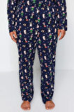 Tarz Rahat Büyük Beden Uzun Kollu Boru Paça Yılbaşı Temalı Örme Pijama Takımı