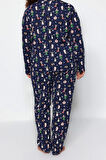 Tarz Rahat Büyük Beden Uzun Kollu Boru Paça Yılbaşı Temalı Örme Pijama Takımı