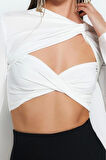 Stil Kadın Astarlı Pencere Cut Out Detaylı Bluz Crop Örme Fitted Kalıp