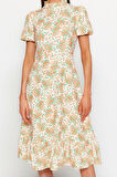 Moda Stil Regular Dik Yaka Midi Boy Çiçek Desenli A Kesim Volanlı Astarlı Dokuma Elbise
