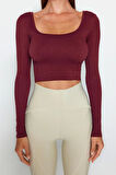 Moda Kare Yaka Örme Fit Düz Desen Sportswear Crop Uzun Kol Bluz
