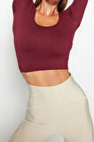 Moda Kare Yaka Örme Fit Düz Desen Sportswear Crop Uzun Kol Bluz