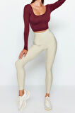 Moda Kare Yaka Örme Fit Düz Desen Sportswear Crop Uzun Kol Bluz
