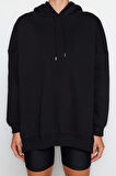 Tarz Oversize Kapüşonlu Düşük Kol Uzun Geniş Kalıp İçi Polarlı Örme Spor Sweatshirt