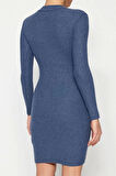Moda Stil Slim Dik Yaka Mini Boy Vücuda Oturan Fitilli Esnek Örme Kalem Elbise