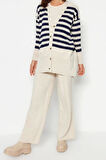 Moda Triko Çizgili V Yaka Düşük Kol Casual Günlük Hırka Pantolon Triko Alt-Üst Takım