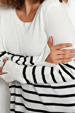 Büyük Beden Kadın Modern Tarz Rahat Uzun Bisiklet Yaka Çizgili Kol Regular Triko Kazak
