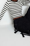 Moda Bisiklet Yaka Örme Slim Çizgili Desen Casual Günlük Crop Uzun Kol Bluz