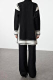 Moda Triko Dik Yaka Düşük Kol Casual Günlük Siyah Rahat Kesim Triko Tunik-Pantolon Alt-Üst Takım