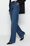 Stil Kadın Moda Denim Kot Pantolon Uzun Geniş Paça Gri Yüksek Bel Jeans