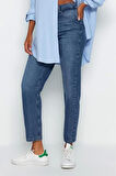 Stil Kadın Moda Denim Kot Pantolon Regular Dar Paça Mavi Yüksek Bel Mom Jeans