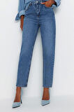 Stil Kadın Moda Denim Kot Pantolon Regular Dar Paça Mavi Yüksek Bel Mom Jeans