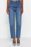 Stil Kadın Moda Denim Kot Pantolon Regular Dar Paça Mavi Yüksek Bel Mom Jeans
