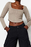 Moda Kare Yaka Örme Slim Düz Desen Casual Günlük Crop Uzun Kol Bluz