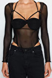 Moda Kalp Yaka Örme Slim Fit Düz Desen Şık gece Crop Uzun Kol Bluz
