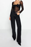 Moda Kalp Yaka Örme Slim Fit Düz Desen Şık gece Crop Uzun Kol Bluz
