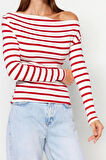 Moda Kayık Yaka Örme Slim Çizgili Desen Casual Günlük Regular Uzun Kol Bluz