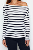 Moda Kayık Yaka Örme Slim Çizgili Desen Casual Günlük Regular Uzun Kol Bluz