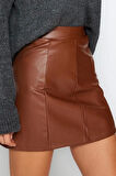 Modern Tarz Astarsız Örme Mini Boy Suni Deri Yüksek Bel Etek