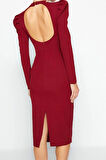 Moda Stil Fitted Dik Yaka Midi Boy Vücuda Oturan Dokuma Şık Abiye Elbise