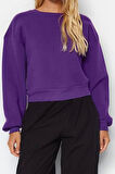 Tarz Crop Dik Yaka Düşük Kol Crop Rahat Kesim Crop Basic Kalın İçi polarlı Örme Sweatshirt