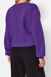 Tarz Crop Dik Yaka Düşük Kol Crop Rahat Kesim Crop Basic Kalın İçi polarlı Örme Sweatshirt