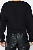 Tarz Crop Dik Yaka Düşük Kol Crop Rahat Kesim Crop Basic Kalın İçi polarlı Örme Sweatshirt