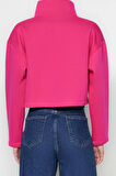 Crop Dik Yaka Standart Kol Crop Rahat Kesim Crop Çıtçıtlı Kalın İçi Polarlı Örme Sweatshirt