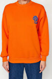 Bisiklet Yaka Düşük Kol Kalın İçi Polarlı Slogan Nakışlı Normal Kalıp Örme Sweatshirt