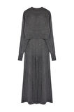 Tarz Kadın Modern Moda Normal Bel Boru Paça Dik Yaka Crop Parmak Detaylı Triko Alt-Üst Takım